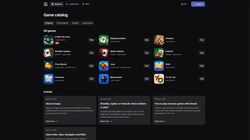 Arcajoy: Browser Games, Solitaire and Puzzles