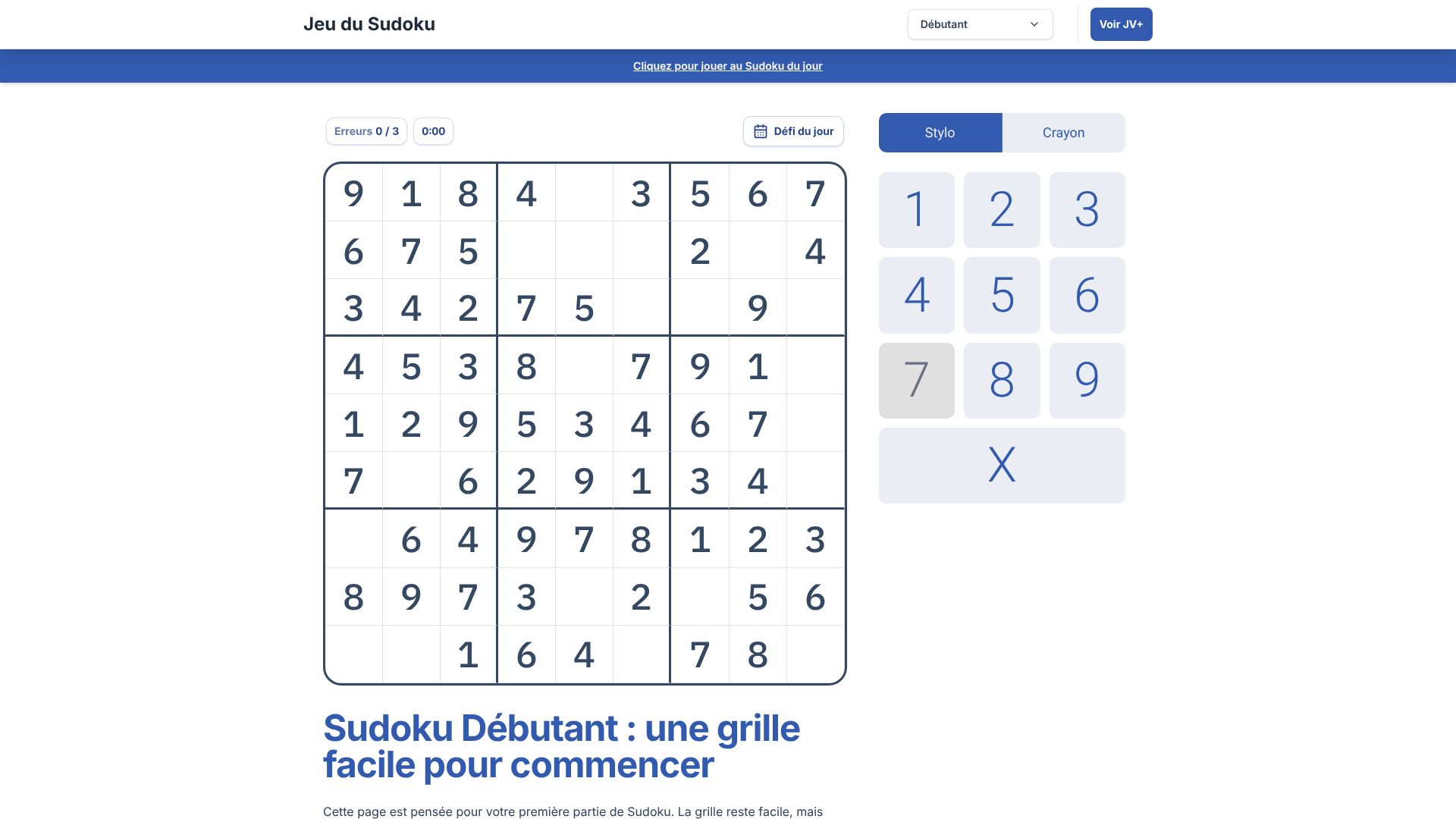 Sudoku d&eacute;butant gratuit